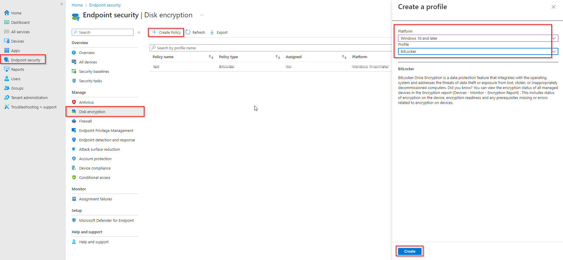 Creating a new BitLocker policy under Disk encryption
